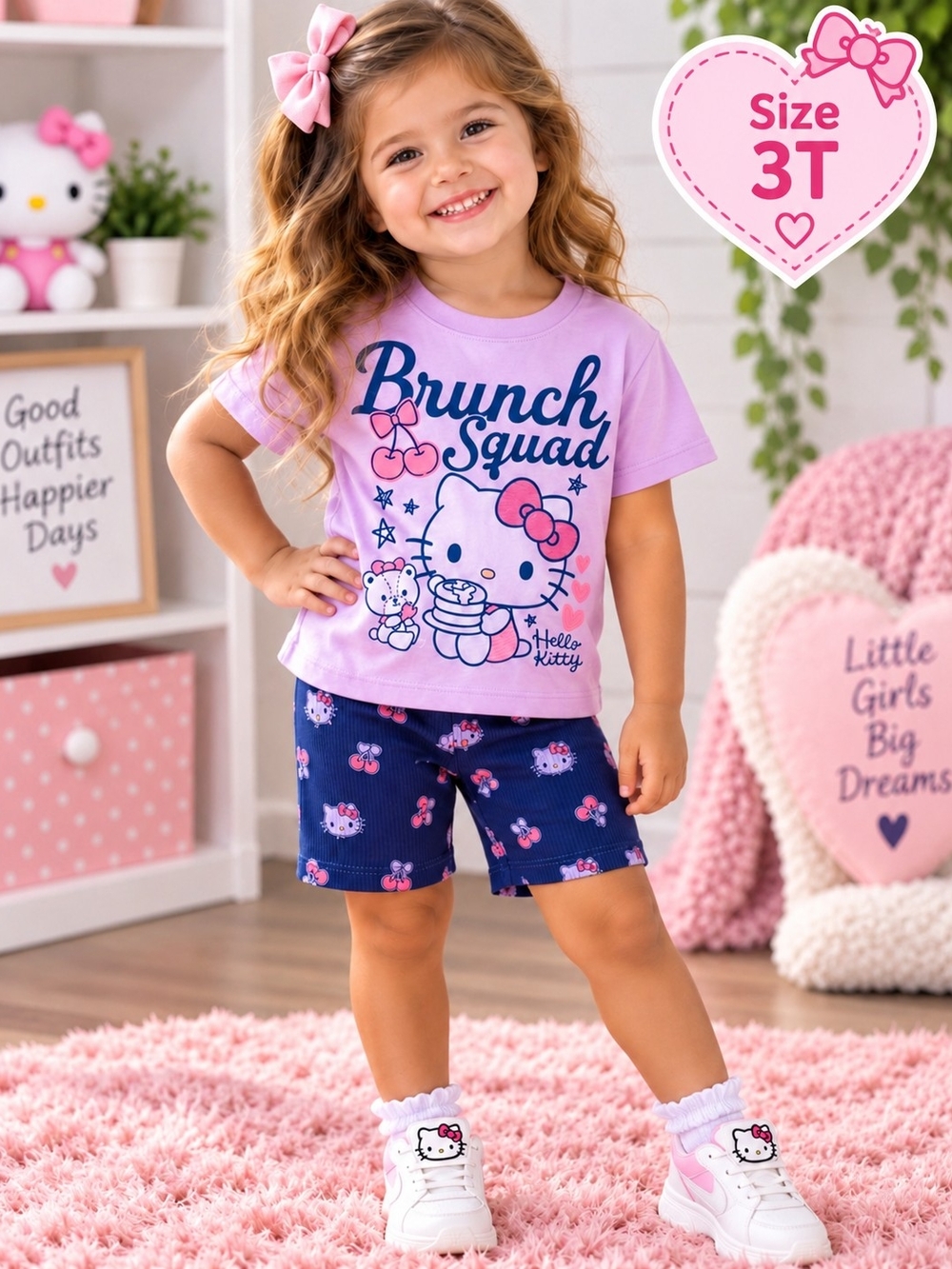 Hello Kitty NWT 2-Piece Brunch Squad Outfit Set 3T Purple Tee Blue Shorts 🐱💜✨